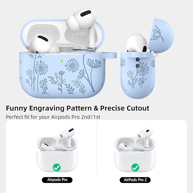 Lerobo Flower Engraved Case for AirPods Pro 2 Case Cover, Cute Soft Silicone Skin Cover Full Protective Case Compatible with Apple AirPods Pro Case 2nd 1st Generation USB C 2023/2022 Front LED Visible