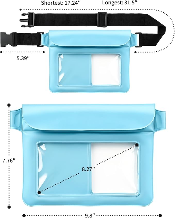 Waterproof Pouch Bag Set IPX8 2 Pcs: Blue Water Proof Fanny Pack 9.8" with Clear Window & Black Waterproof Phone Case 7" Phone Pouch, Floating Belt Bag with Crossbody Waist Strap, Cruise Essentials
