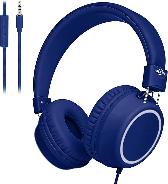 Olyre Kids Headphones, Toddler Headphones with Cord for School Plane Travel, Lightweight Stereo Wired Children Earphones with HD Microphone for Boys Girls for Computer Cellphone Tablet - Blue