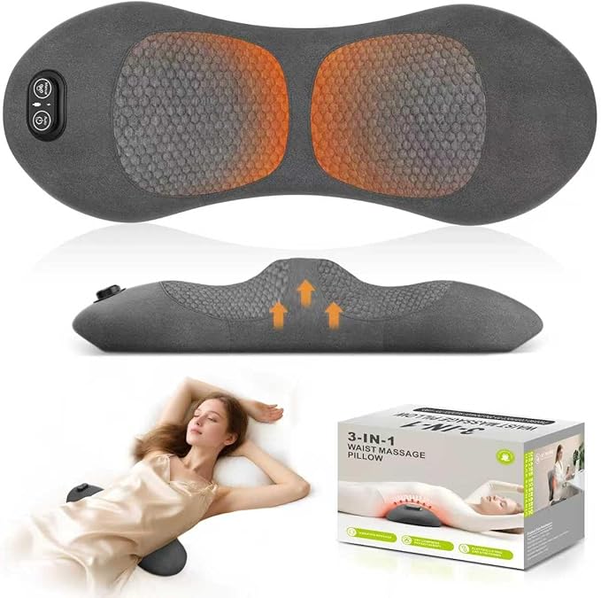 Smooth Triple Fusion Back Massager,with Heat, Vibration & Lumbar Traction - Deep Tissue Lumbar Pillow for Lower Back Pain Relief, Relaxation for Home, Office - Corded Electric（Dark Gray）