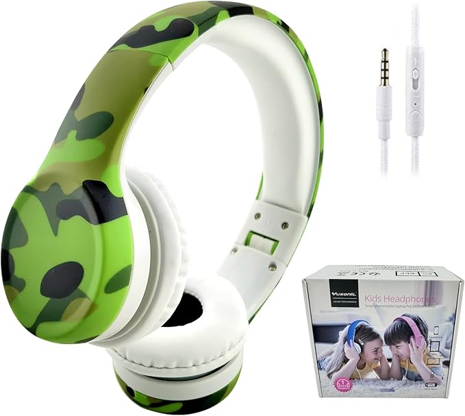Kids Headphones with Cord, Toddler Headphones with Sharing Function, 85dB/93dB Safe Volume Limit, for Toddler Children Baby Boys Girls On-line Study, School, Travel use (camo Green)