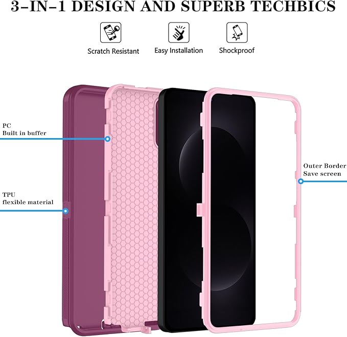 ONOLA Phone Case for Samsung Galaxy S26 Ultra Case with HD Screen Protector, Heavy Duty Shockproof & Dropproof 3-Layer Cover Phone Case for Galaxy S26 Ultra 6.9'',WineRedPink