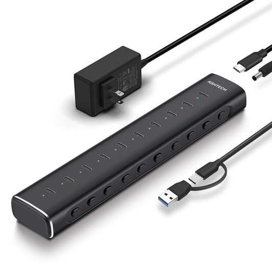 RSHTECH 10-Port Powered USB C 3.2 Hub, 10Gbps USB-C Extender Hub, RSH-H10C