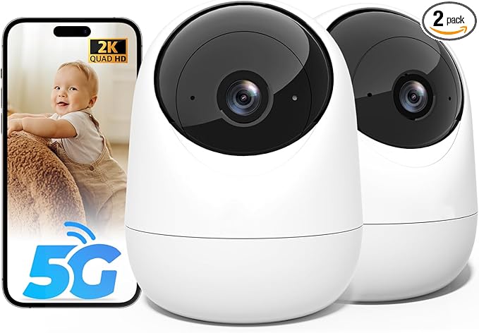 Rraycom 2Pack 2K Security Camera Indoor 5G/2.4 GHz Wi-Fi, Baby Monitor Pet/Dog Camera 360-Degree for Home Security, Smart Motion Tracking, 24/7 Live View, Night Vision, Compatible with Alexa