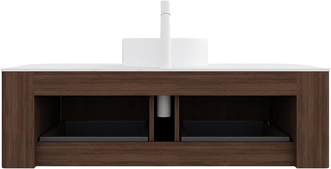 KEIKI 48" Floating Bathroom Vanity with Sink, Modern Wall Vanity Cabinet with Curved Edge Design, 2 Soft-Close Drawers & White Ceramic Vessel Basin, Pre-Assembled Bathroom Vanity, Walnut