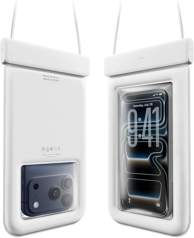 elago Waterproof Phone Pouch for iPhone 16/15/14/13/12/11 Series, Galaxy S25/S24/S23/S22/S21 Series - Underwater Screen Touchable Dry Bag, Dual Zipper Lock, with Card Pocket (White) [2 Pack]