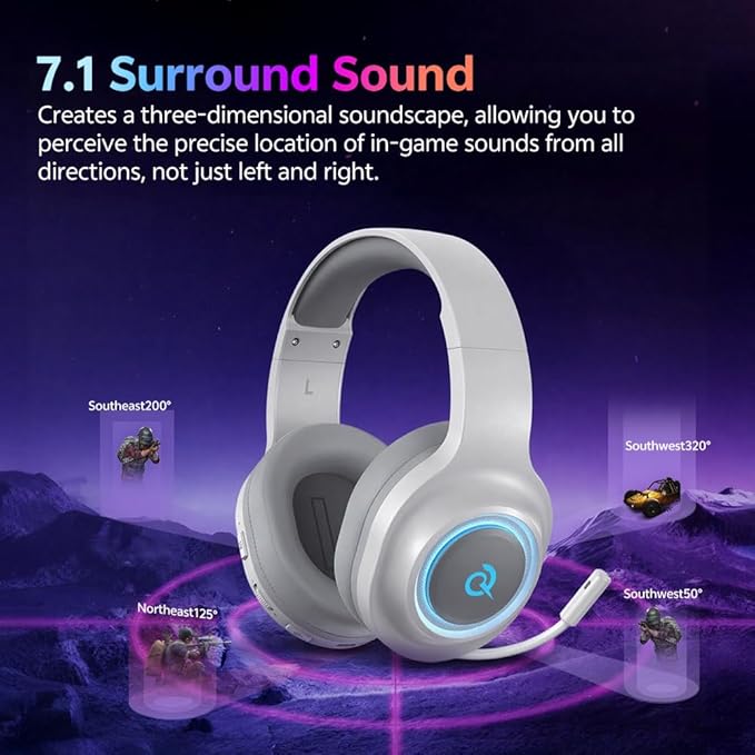 QCY Gaming Headset for PC/PS5/PS4/Switch, HEROAD V200 Over Ear Headphones, USB-C, 240Hr Battery, 7.1 Surround Sound, 2.4GHz Wireless Headphones for Multi-Platform, Bluetooth 6.0