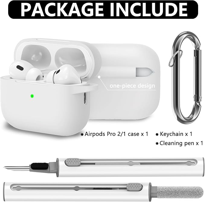 Ljusmicker for AirPods Pro Case Cover with Cleaner Kit,Soft Silicone Protective Cover for Apple AirPods Pro 2nd/1st Generation Cases for Women Men,AirPod Pro 2 Case Accessories with Keychain-White
