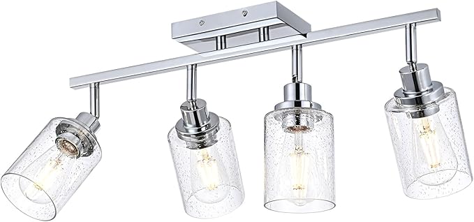 4-Light Multi-Directional Rotating Track Light Fixture Ceiling Track Lighting Heads with Seeded Glass Chrome Track Lighting Kit Bathroom Vanity Light Spotlight Fixtures for Kitchen Accent Shop