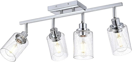 4-Light Multi-Directional Rotating Track Light Fixture Ceiling Track Lighting Heads with Seeded Glass Chrome Track Lighting Kit Bathroom Vanity Light Spotlight Fixtures for Kitchen Accent Shop