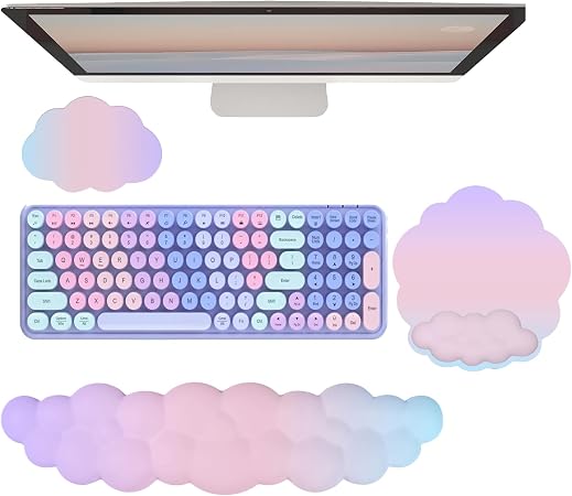 Cloud Keyboard Wrist Rest Mouse Pad with Wrist Rest for Computer Keyboard and Mouse Pad Set Memory Foam Cute Ergonomic Wrist Pad Support for Desk Gaming Home Office Pain Relief Pink Purple Blue