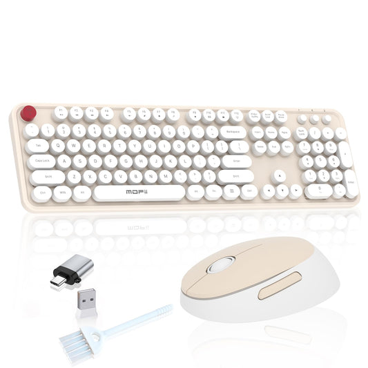 Wireless Keyboard Mouse, 104 Keys Cute Colorful Typewriter Creamy White - Image 1