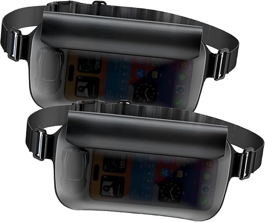 Waterproof Waist Bag, Passport Wallet Tote, IPX8 Waterproof Rating, Underwater-Use Phone Pouch, TUP Dry Bag, Ideal for Diving, Swimming, Kayaking (2-Pack Set in Black)