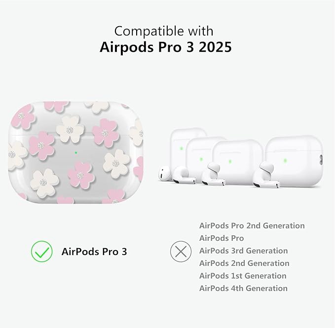 for Airpods Pro 3 Case Clear,Cute Pink Floral Design for Airpods Pro 3 Case Cover,Shockproof Soft TPU Skin Accessories with Girly Flower Keychain&Cleaning Pen for Women Girls-Crystal