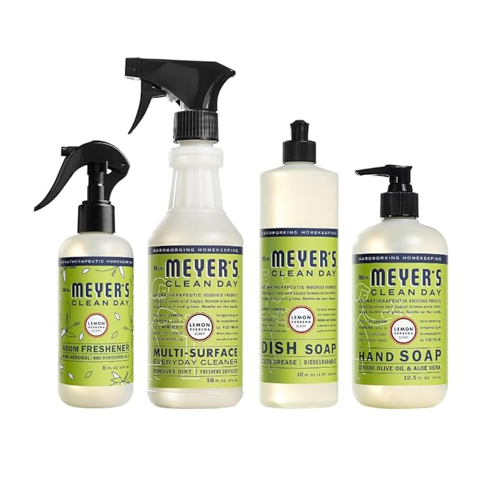 Mrs. MEYER'S Clean Day Lemon Verbena Scent Variety, 1 Room Freshener 8 OZ, 1 Liquid Dish Soap 16 OZ, 1 Liquid Hand Soap 12.5 OZ, 1 Multi-surface Cleaner 16 OZ, Lemon Verbena, 1 CT