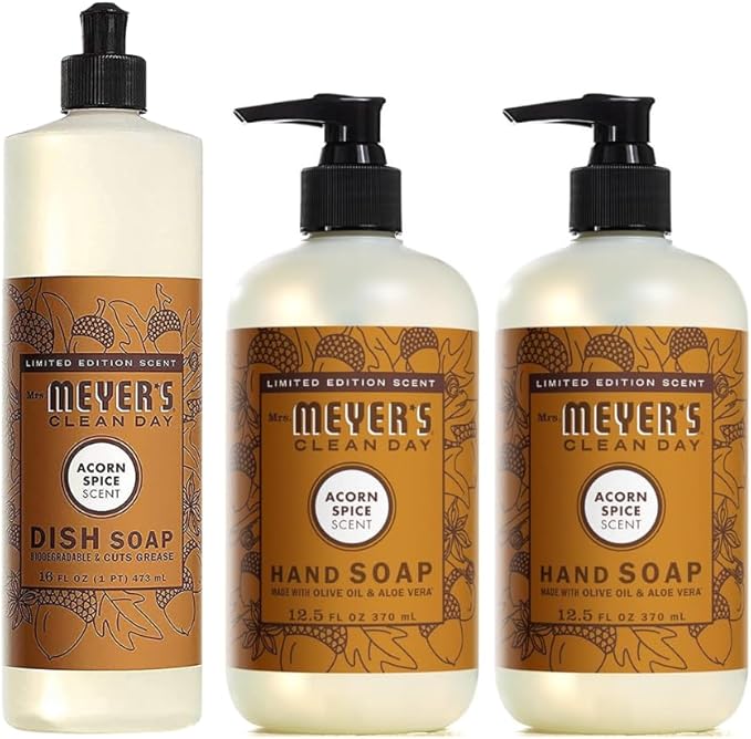 Mrs. MEYER'S CLEAN DAY Variety, 2 Liquid Hand Soap 12.5 OZ, 1 Liquid Dish Soap, 16 FL OZ (Acorn Spice)