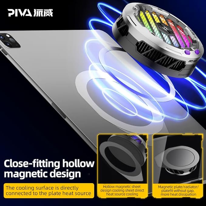 PIVA RGB TEC 30W High-Power Magnetic Game Cooler – RGB Lighting, 3-Speed Fan, Magnetic Suction Radiator for Tablets & Phones