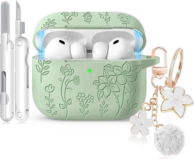 for Airpods Pro 3 Case with Magnetic Lid, Flower Engraved Case Cover Compatible with AirPods Pro 3rd Generation 2025, Soft Silicone Cases with Keychain & Cleaner for Women Girly, Shockproof