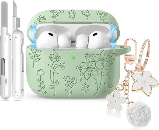 for Airpods Pro 3 Case with Magnetic Lid, Flower Engraved Case Cover Compatible with AirPods Pro 3rd Generation 2025, Soft Silicone Cases with Keychain & Cleaner for Women Girly, Shockproof