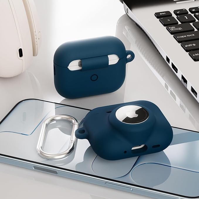 2 in 1 Silicone Case Compatible with AirPods Pro 3 and AirTag 2/1, Shockproof Protective Case Cover for AirPods Pro 3rd Generation 2025 with Cleaner Kit & Carabiner (Dark Blue)