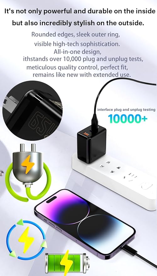 USB C Charger 65W, 3 Ports GaN Fast Charger Block, Compact Foldable Wall Charger with USB-C Cable for iPhone 16 Pro Max, iPad, MacBook Pro/Air,Galaxy S24,Dell XPS 13,Pixel 8 and More (Black)