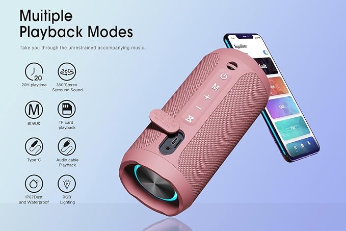 EDUPLINK Bluetooth Speaker IPX7 Waterproof Wireless Speakers with Bass 20H TWS Stereo Pairing Portable Outdoor Speakers for Beach Camping Travel Gifts for Women Mom Wife Mother Girls Sister Pink