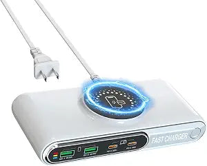 6-in-1 USB Charging Station, 72W Desktop Charger with Wireless Charging, 4-Ports Fast Charging Block with LED Color Light for iPhone,iPad, Laptop, Tablets and More