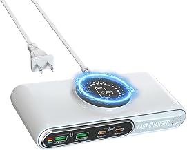 6-in-1 USB Charging Station, 72W Desktop Charger with Wireless Charging, 4-Ports Fast Charging Block with LED Color Light for iPhone,iPad, Laptop, Tablets and More - Image 1
