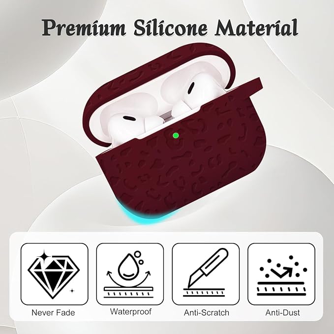 Case Compatible with AirPods Pro 3 Generation 2025 Cover with Keychain, Gawnock Engraved Leopard Skin Soft Cover for AirPods Pro 3 Case Full Protection,Front LED Visible, Wine Red