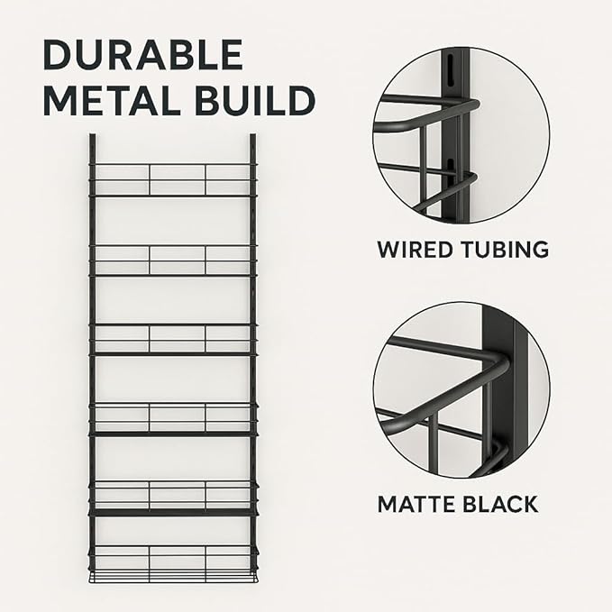 USTECH 6-Tier Heavy Duty Over The Door Pantry Organizer, Metal Hanging Storage Rack with Wired Tubing, Adjustable Shelves for Kitchen, Bathroom, Closet, Space-Saving Design, Black