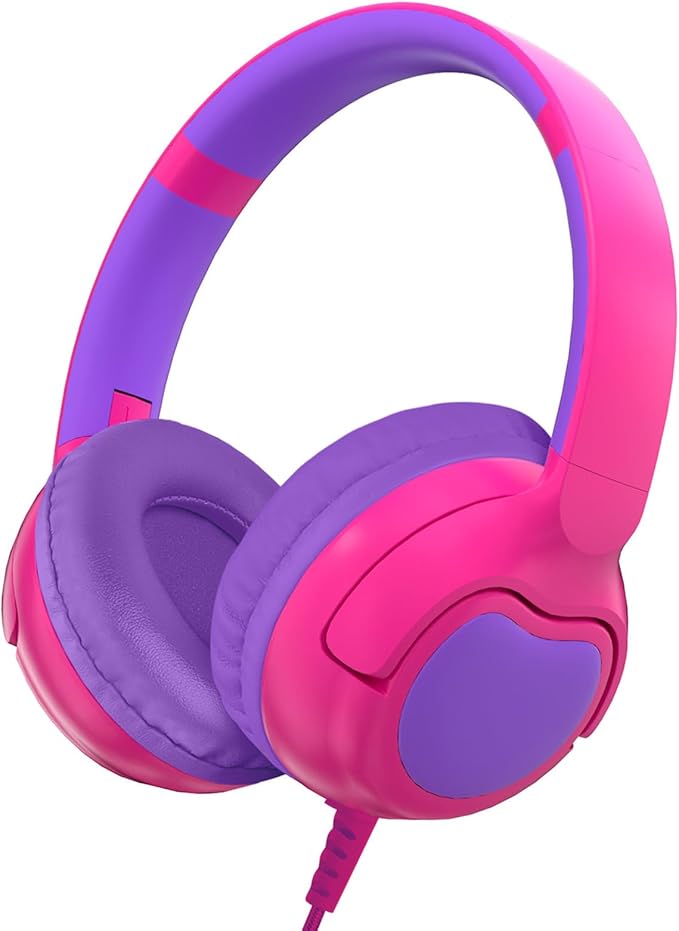 ZIHNIC Wired Kids Headphones, Safe 85dB Volume Limit for Boys & Girls, Comfortable Earpads, Foldable Design for School, Tablets, and Travel-Rose RED