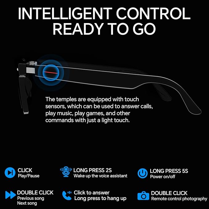 Bluetooth Smart Glasses with Camera for Sports/Cycling/Running, Bone-Conduction Music Glasses, Intelligent Voice Navigation (Anti-Blue Light Glasses)