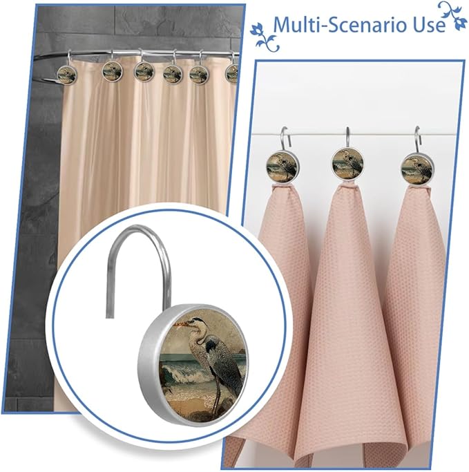 Beach Heron Shower Curtain Hooks, 12Pcs Decorative Rust Resistant Shower Rings for Shower Curtain Rods, Stainless Steel Round Curtain Hooks for Bathroom, Bedroom, Farmhouse