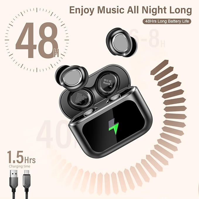 Sleep Earbuds Bluetooth 5.4 in Ear Touch Screen Sleep Headphones, Small Design Mini Sleep Earbuds for Side Sleepers with Sleep Mode, 48H Playtime Sleep Earphones Clear Calls, Light Black