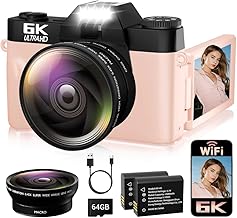 6K Digital Camera for Photography Autofocus, 64MP WiFi Vlogging Camera for YouTube with 3" 180° Flip Screen 16X Zoom, 64GB SD Card & 2 Batteries Pink Compact Travel Camera for Beginners Teens - Image 1