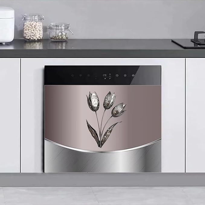 Dishwasher Metal Texture Cover Magnetic Decor, Metallic Flowers,Polished Dishwasher Magnet Cover 23x17inch, Home Panel Decal Pink Stainless Steel Style Sticker