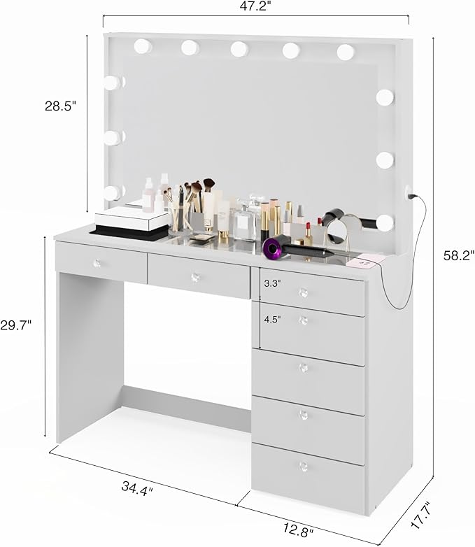 Boahaus Serena White Makeup Vanity with Mirror and 11 Lights, 7 Drawers, Glass Top, Crystal Knobs, USB-A & USB-C Ports, 110V Power Outlet, Bedroom Vanity Desk (White)