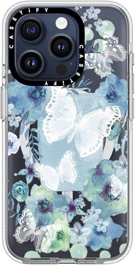 CASETiFY Clear iPhone 15 Pro Case [Not Yellowing / 6.6 ft. 3X Military Grade Drop Protection/Compatible with Magsafe] - My Blue Butterfly Garden - Clear