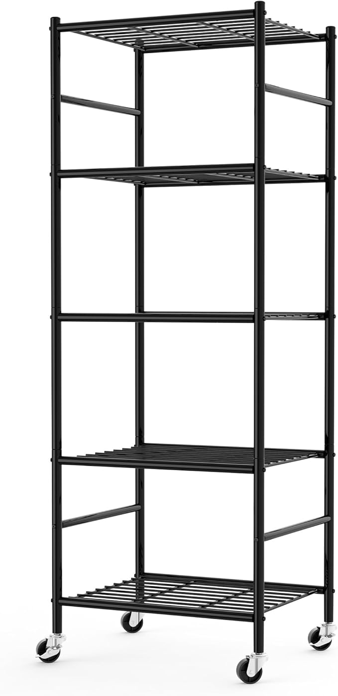 Storage Shelves Organizer - 5 Tier Metal Shelf Organizer with Metal Wheels and Adjustable Leveling Feet, Heavy Duty Garage Shelving for Kitchen, Pantry and Closet, 18.1"x12.6"x58.7", Black