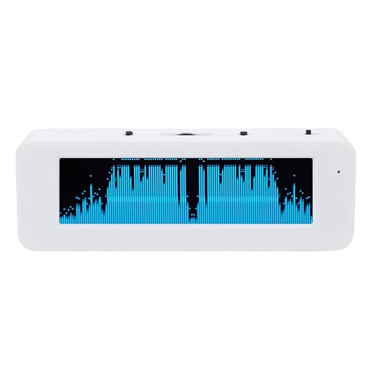 PUSOKEI OLED Music Spectrum Display, Audio Level Visualizer with Voice Control, 10 Modes for PC Car HiFi, Shows Time Date Temp Humidity, PC Hardware Monitor (White Shell Blue Screen with Li Battery)