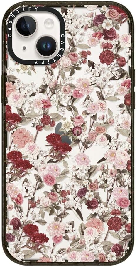 CASETiFY Impact Case for iPhone 14 Plus [Slim / 8.2 ft. 4X Military Grade Drop Protection/Wireless Charging Compatible] - Vintage Flower Monday - Clear Black