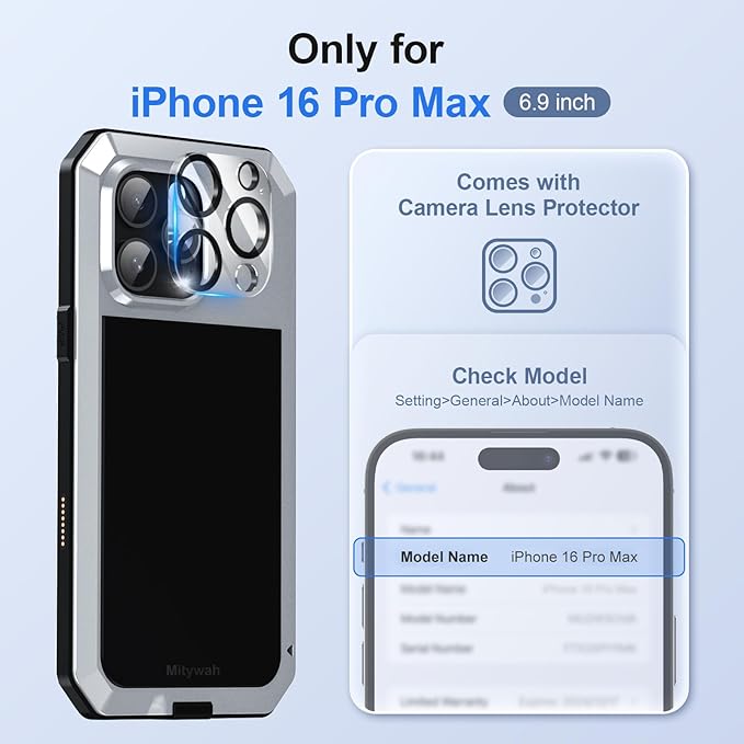 Mitywah Metal Case for iPhone 16 Pro Max, Rugged Phone Case with 9H Screen Protector Military Grade Full Body Protection Heavy Duty Dual Layer Screw Bumper Protective Case for 16 Pro Max Silver