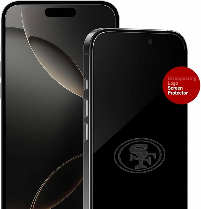 NFL San Francisco 49ers Clear Screen Protector for iPhone 14 Pro - with Disappearing Logo - Scratch-Resistant and Easy-to-Install Screen Protectors (Includes Installation Tray)