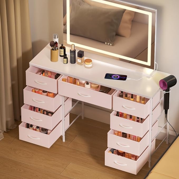 COMHOMA Vanity Desk with Large Mirror,LED and Power Outlet,Makeup Table with 9 Storage Drawersand HD Mirrors,3 Color Modes Adjustable Lighting for Bedroom Dressing Room (Pink, 35inch)