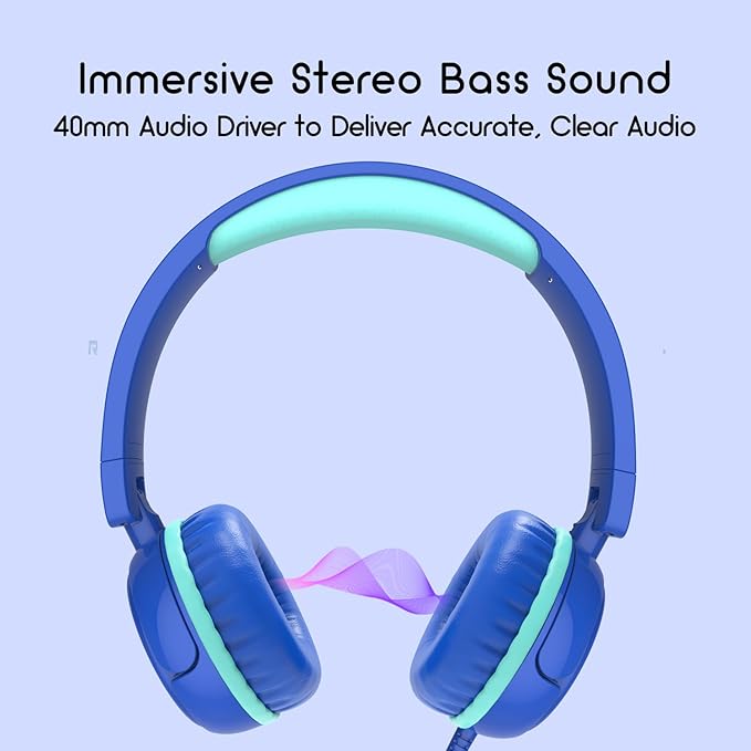 Kids Headphones, V1 Wired Stereo Foldable Tangle-Free 3.5mm Adjustable On-Ear Headphones for Kids for School/Toddlers/Childrens/Teens/Boys/Girls/Ipad/Tablet/Kindle/Phones/Travel/Plane (Blue)