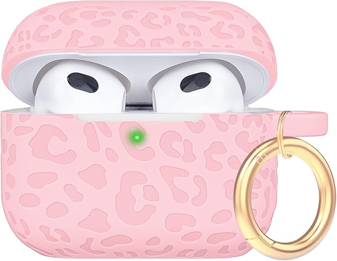 Engraved Case for AirPods 3rd Generation Carving Cover with Keychain, Leopard Skin Soft Cover for Compatible with AirPods 3rd Generation Case Full Protection,Front LED Visible,Pink