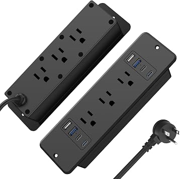 HHSOET 6 Outlets Recessed Power Strip, 20W USB C Ports, Black, 6FT, 1