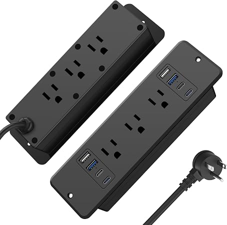 HHSOET 6 Outlets Recessed Power Strip, 20W USB C Ports, Black, 6FT, 1