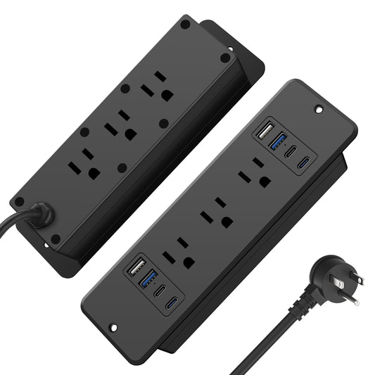 HHSOET 6 Outlets Recessed Power Strip, 20W USB C Ports, Black, 6FT, 1