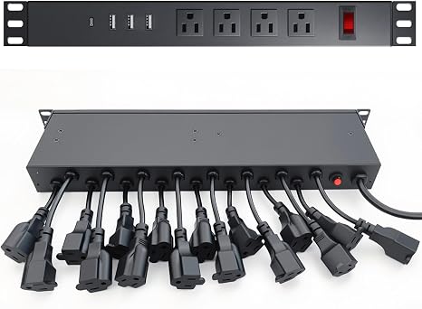 20-Outlet 1U Rack Mount Power Strip PDU 3 USB-A 1 USB-C 15A 6ft